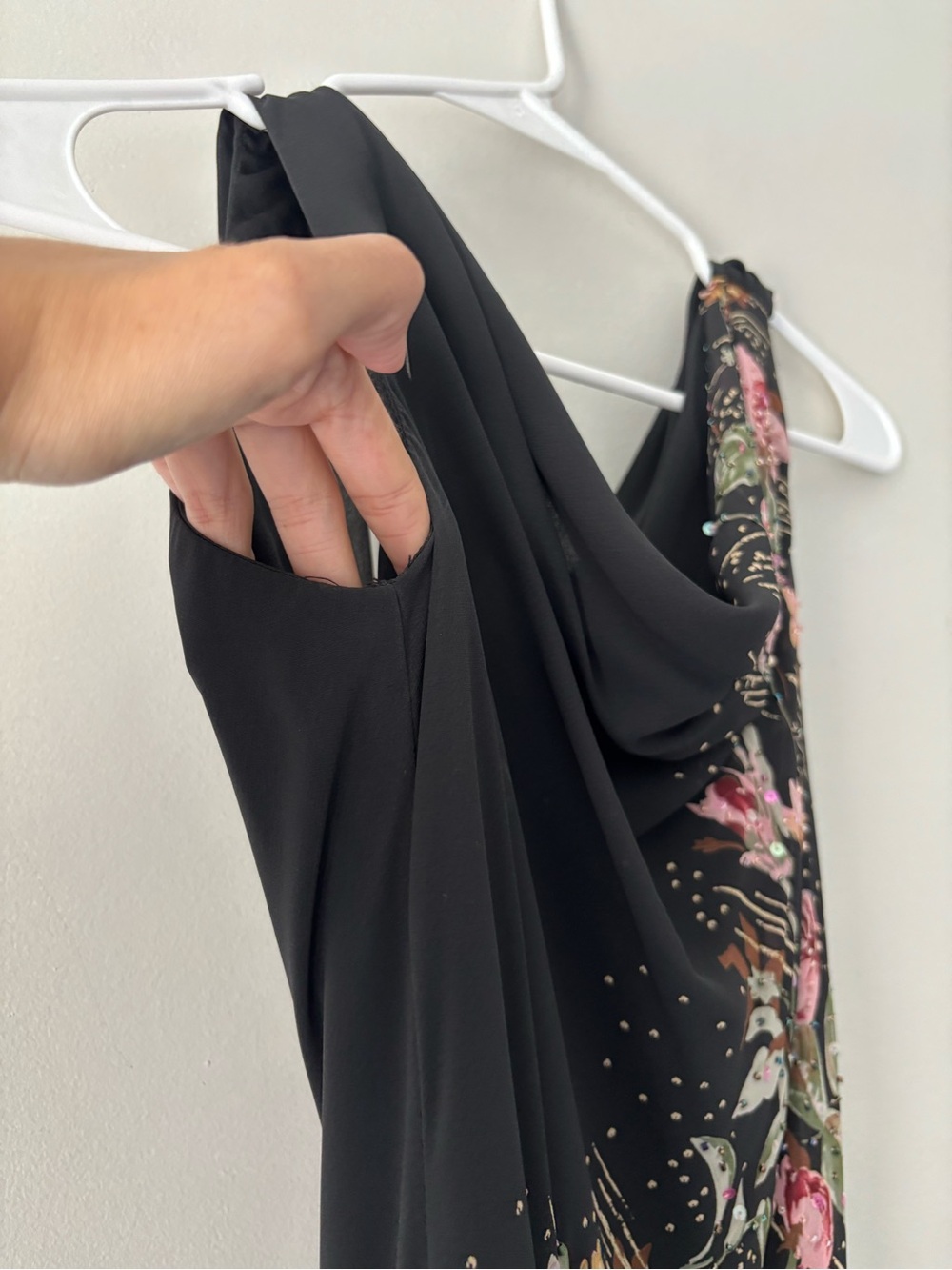 Y2K Black Asymmetrical Fairycore Beaded Pink Floral Draped Collar Dress - Small - Picture 8 of 15